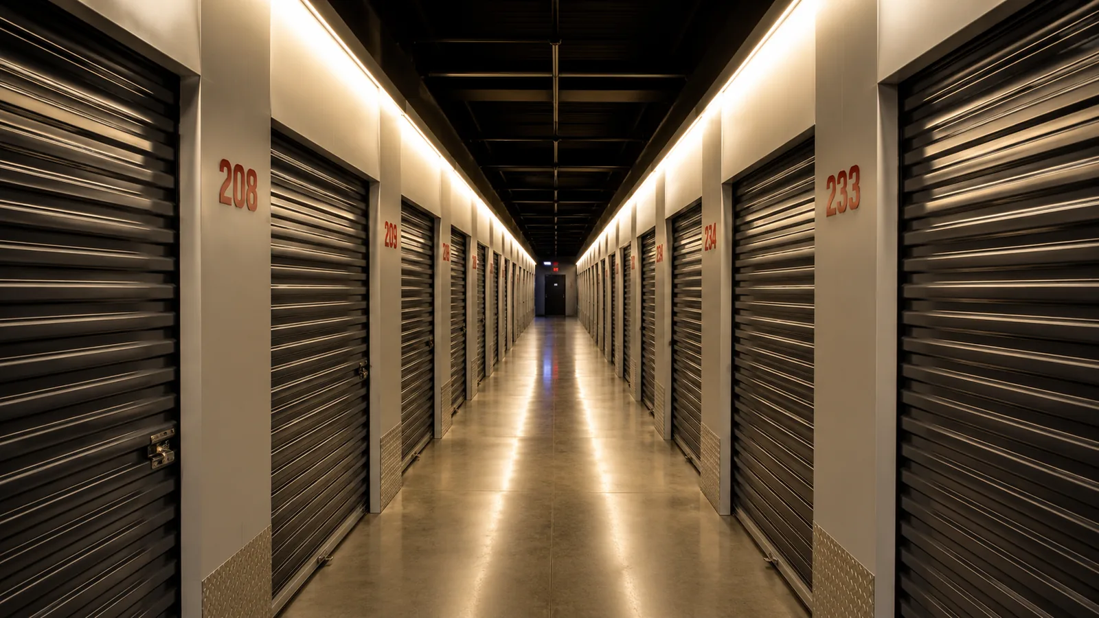 Corridoio interno di una struttura self storage con unità modulari